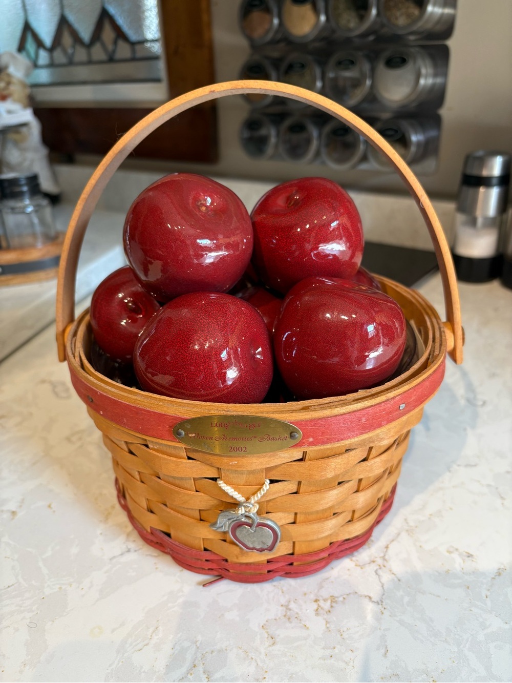 Longaberger Red and Natural Woven Basket 2002 with Glossy Red Decorative Apples